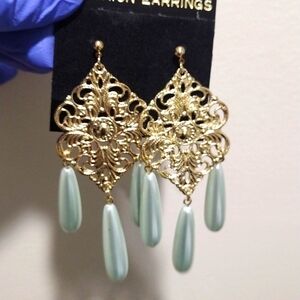 Women's Stylish Gold-tone Filigree Design Long Beads Drop Dangle Earrings, #3